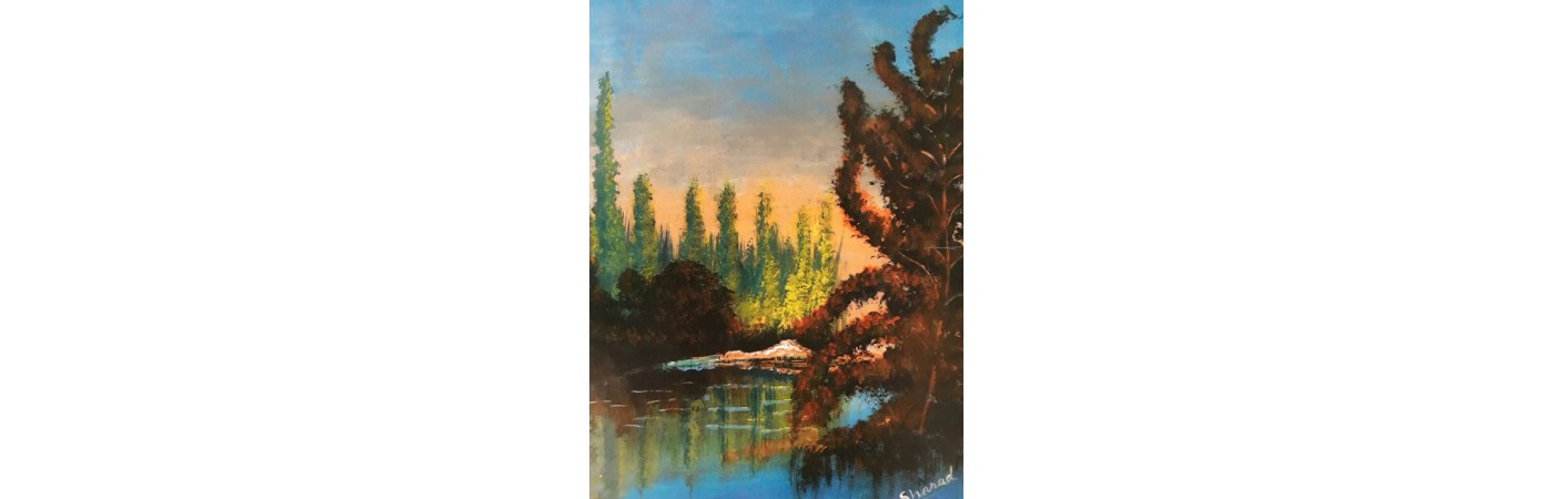 coniferous forest lake (Canvas) with frame (18"X30")